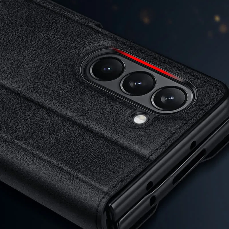 Faux Leather Phone Case for Galaxy Z Fold 2/3/4/5/6 with Kickstand Hinge Prctection