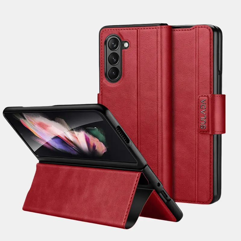 Faux Leather Phone Case for Galaxy Z Fold 2/3/4/5/6 with Kickstand Hinge Prctection