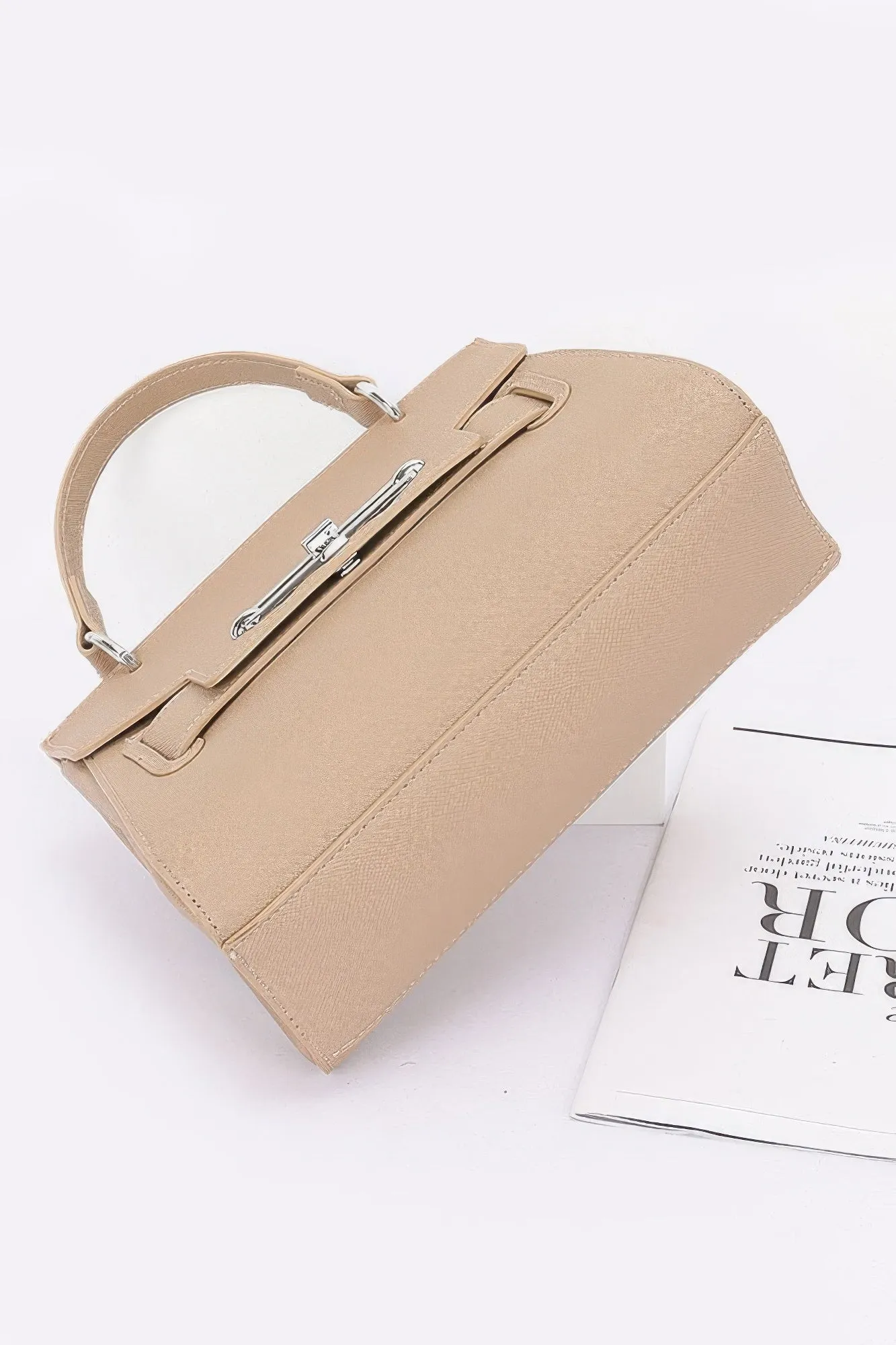 Faux Leather Top Handle Flap Bag