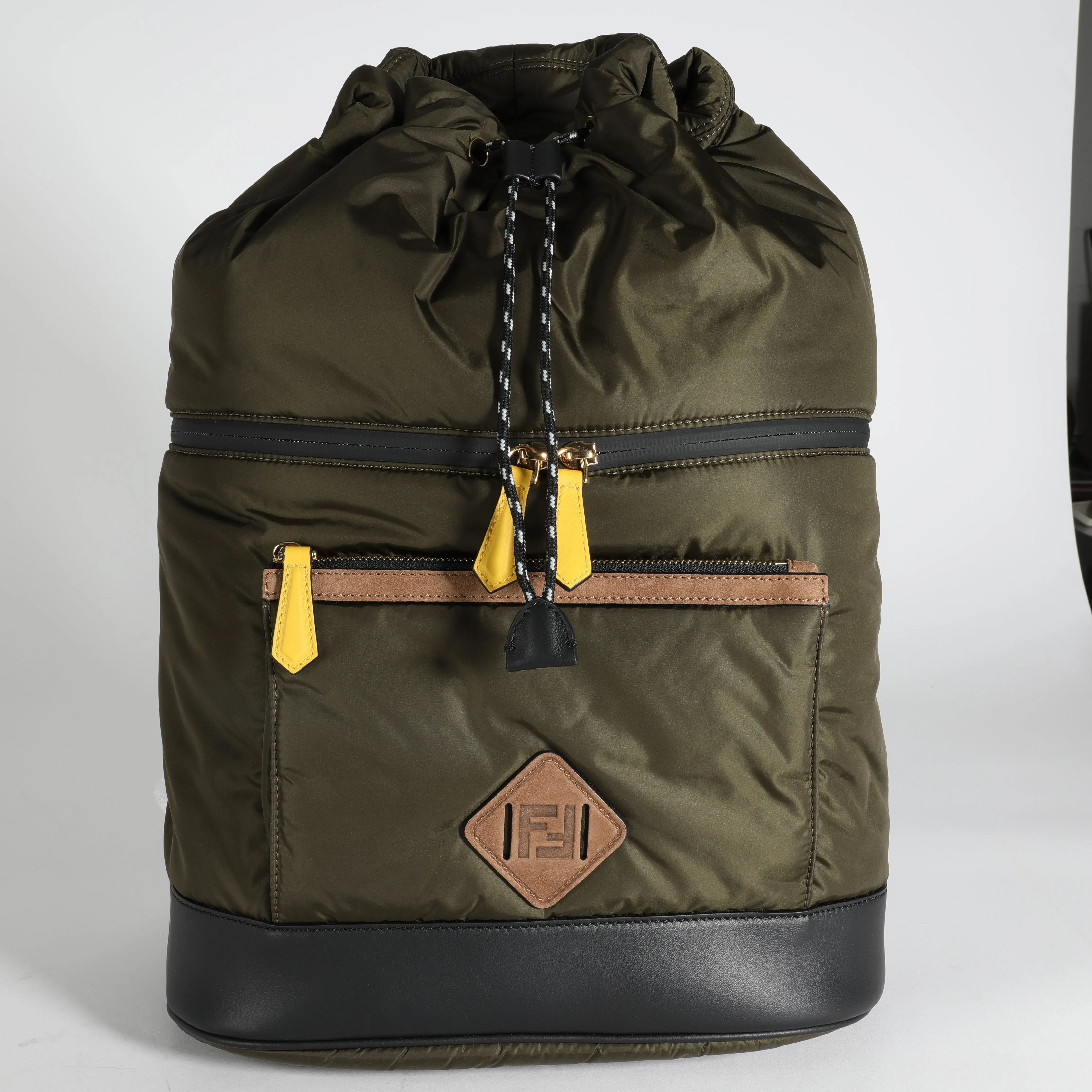FENDI Military Nylon & Black Vitello Grace Leather Expandable Dolmias Backpack