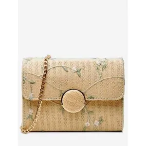 Flower Leisure Flap Straw Crossbody Bag - Light Khaki