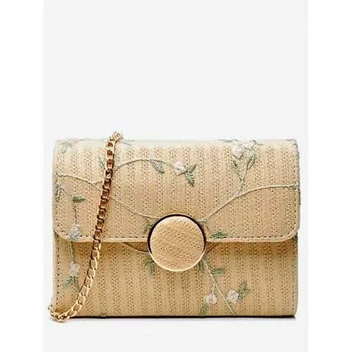Flower Leisure Flap Straw Crossbody Bag - Light Khaki