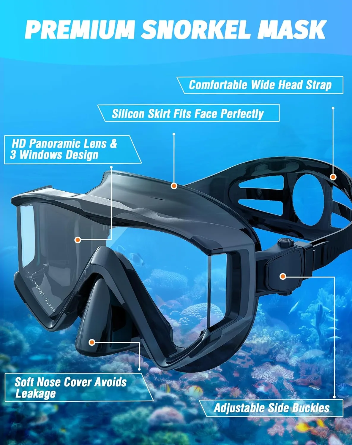 Greatever Snorkel Set Pano 3 Window Snorkel Mask For Adults