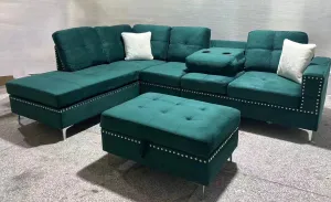 Green Velvet Sectional With Drop Down Cup Holder & Throw Pillows- Model #2402