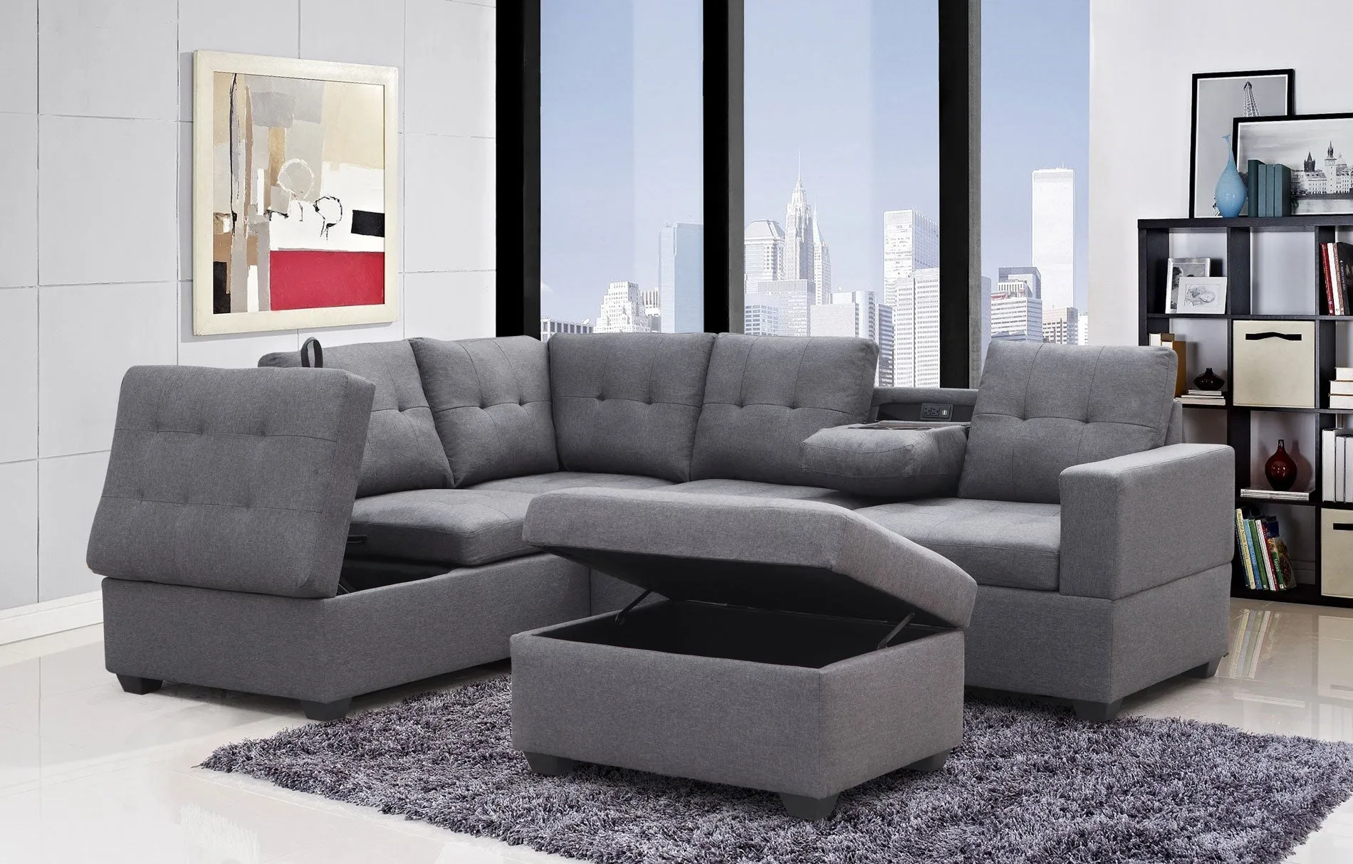 Grey Fabric Sectional With Drop Down Cup Holder & USB Ports- Extra Storage- Model #9289