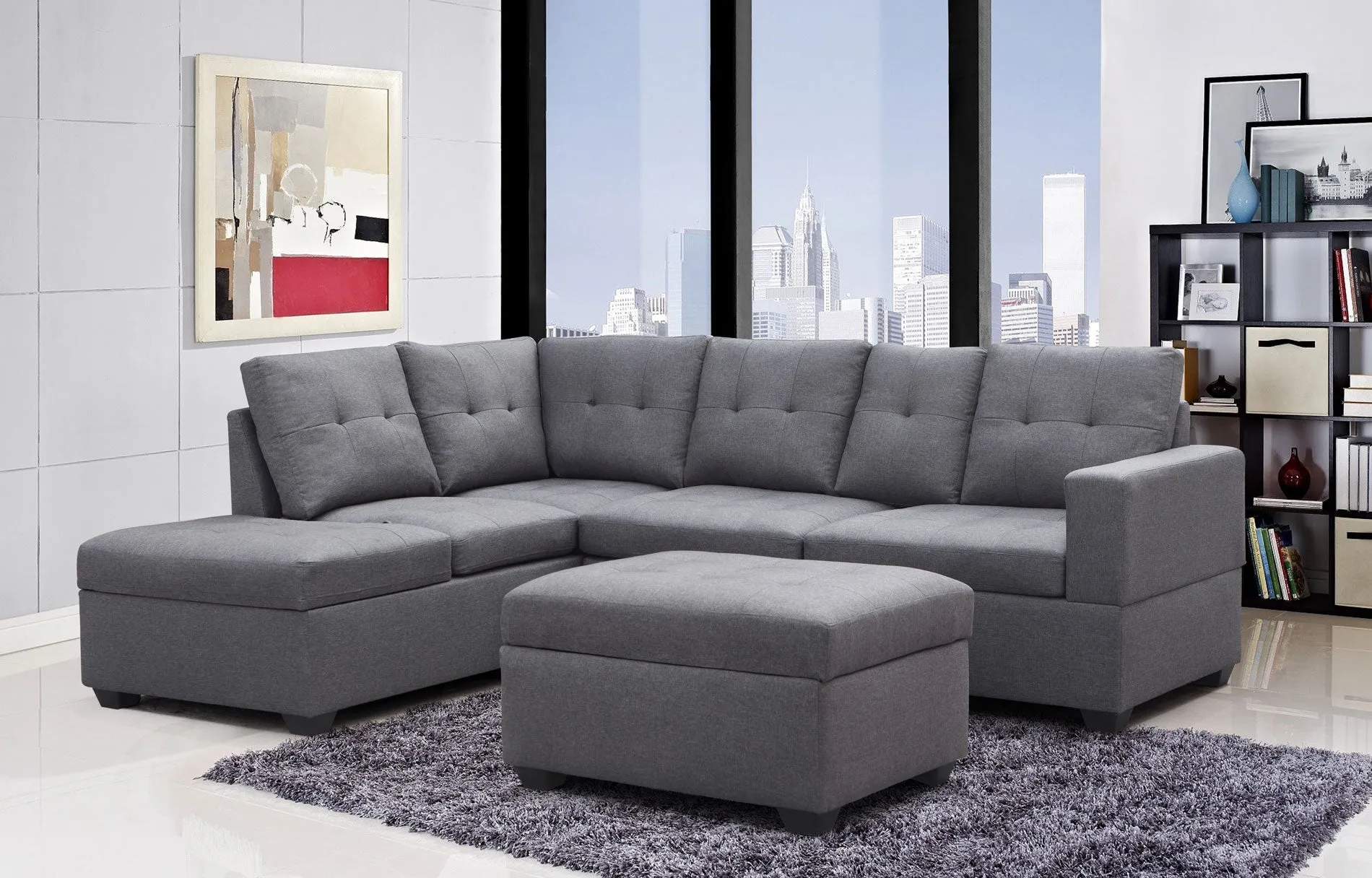 Grey Fabric Sectional With Drop Down Cup Holder & USB Ports- Extra Storage- Model #9289