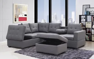 Grey Fabric Sectional With Drop Down Cup Holder & USB Ports- Extra Storage- Model #9289