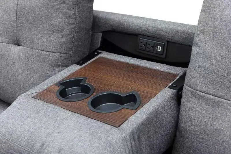 Grey Fabric Sectional With Drop Down Cup Holder & USB Ports- Extra Storage- Model #9289