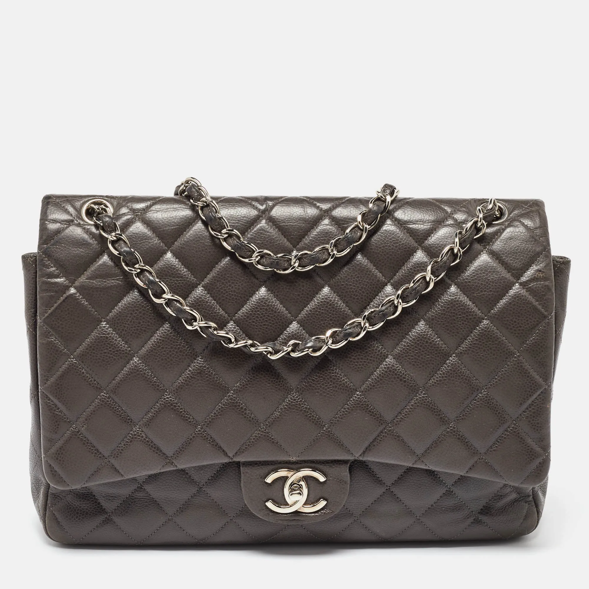 Grey Quilted Caviar Leather Maxi Classic Double Flap Bag