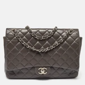 Grey Quilted Caviar Leather Maxi Classic Double Flap Bag