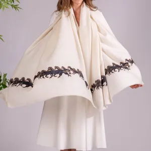 Hand Embroidered Pashmina Cashmere Shawl- Black Horses