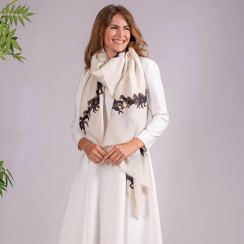 Hand Embroidered Pashmina Cashmere Shawl- Black Horses
