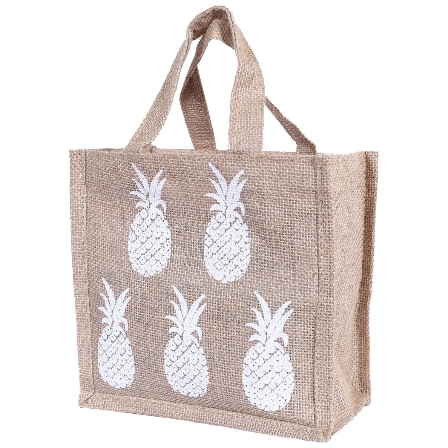 Heart Home Lunch Bag|Reusable Jute Fabric Tote Bag|Pineapple Print Tiffin Carry Hand Bag with Handle for Office,School,Gift (Brown)