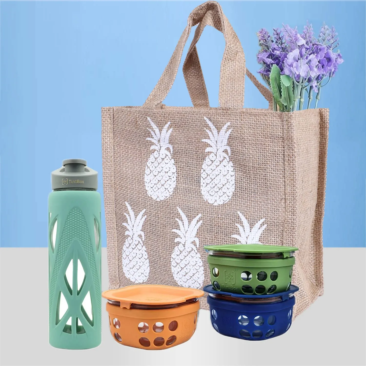 Heart Home Lunch Bag|Reusable Jute Fabric Tote Bag|Pineapple Print Tiffin Carry Hand Bag with Handle for Office,School,Gift (Brown)