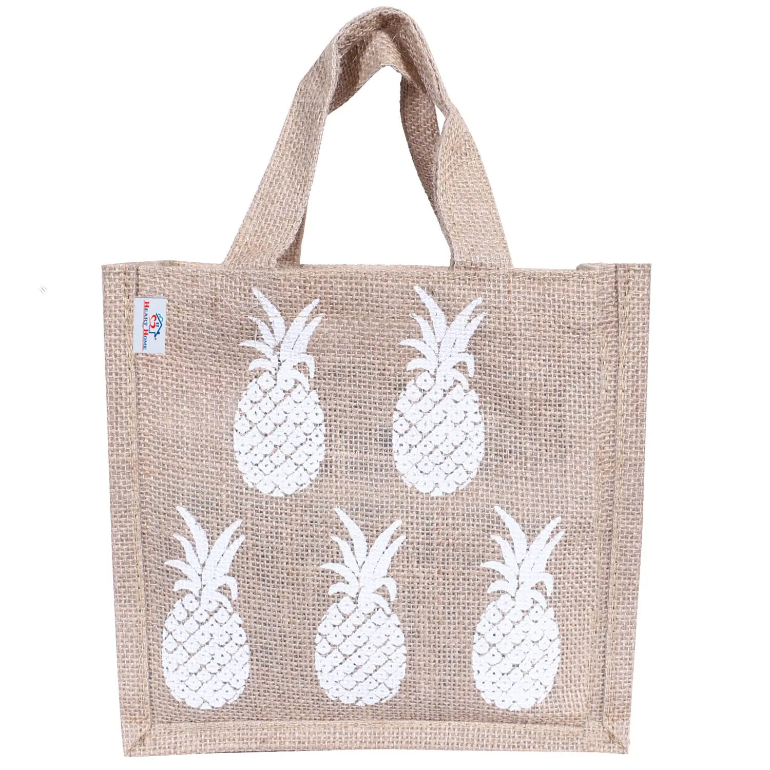 Heart Home Lunch Bag|Reusable Jute Fabric Tote Bag|Pineapple Print Tiffin Carry Hand Bag with Handle for Office,School,Gift (Brown)