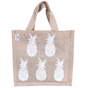 Heart Home Lunch Bag|Reusable Jute Fabric Tote Bag|Pineapple Print Tiffin Carry Hand Bag with Handle for Office,School,Gift (Brown)