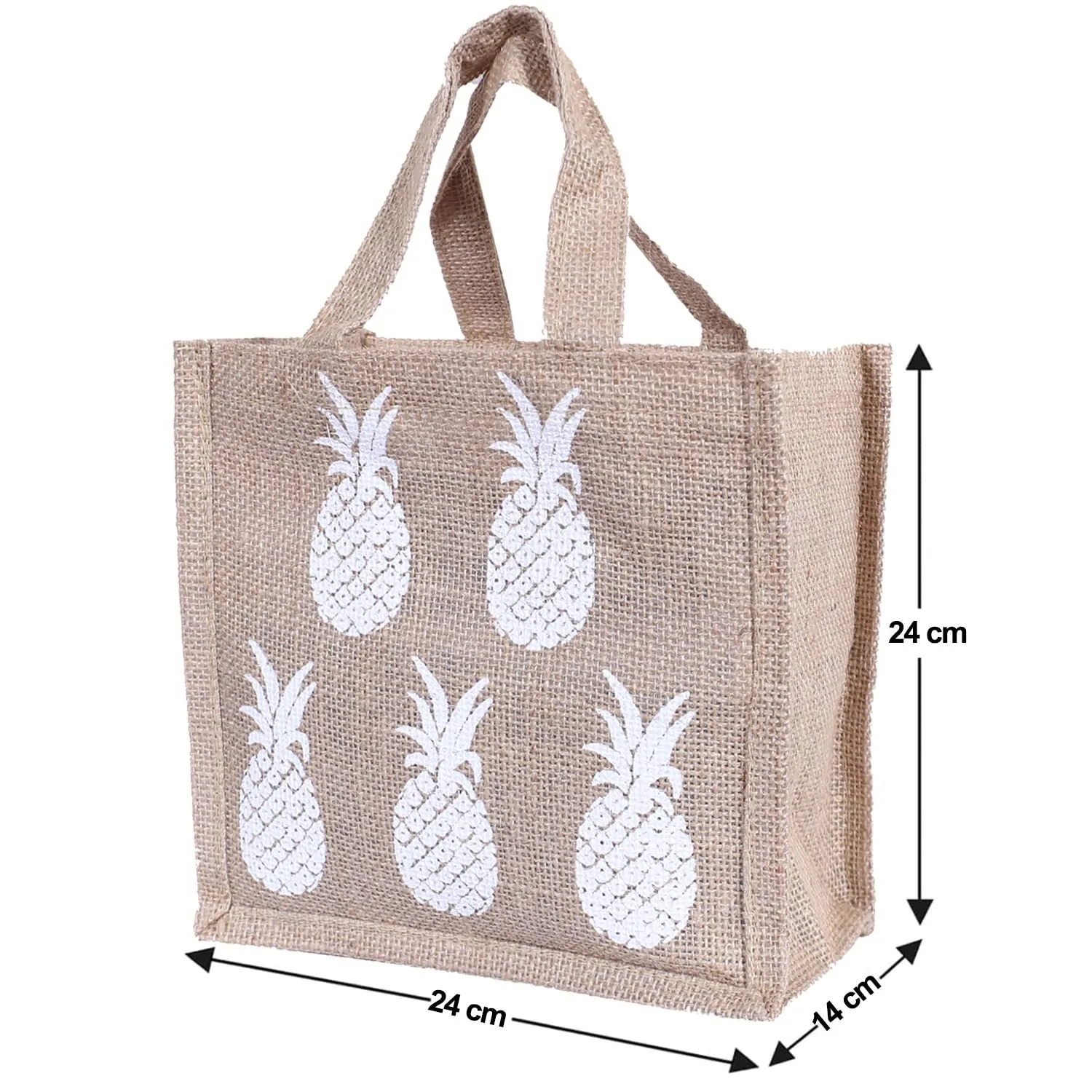 Heart Home Lunch Bag|Reusable Jute Fabric Tote Bag|Pineapple Print Tiffin Carry Hand Bag with Handle for Office,School,Gift (Brown)