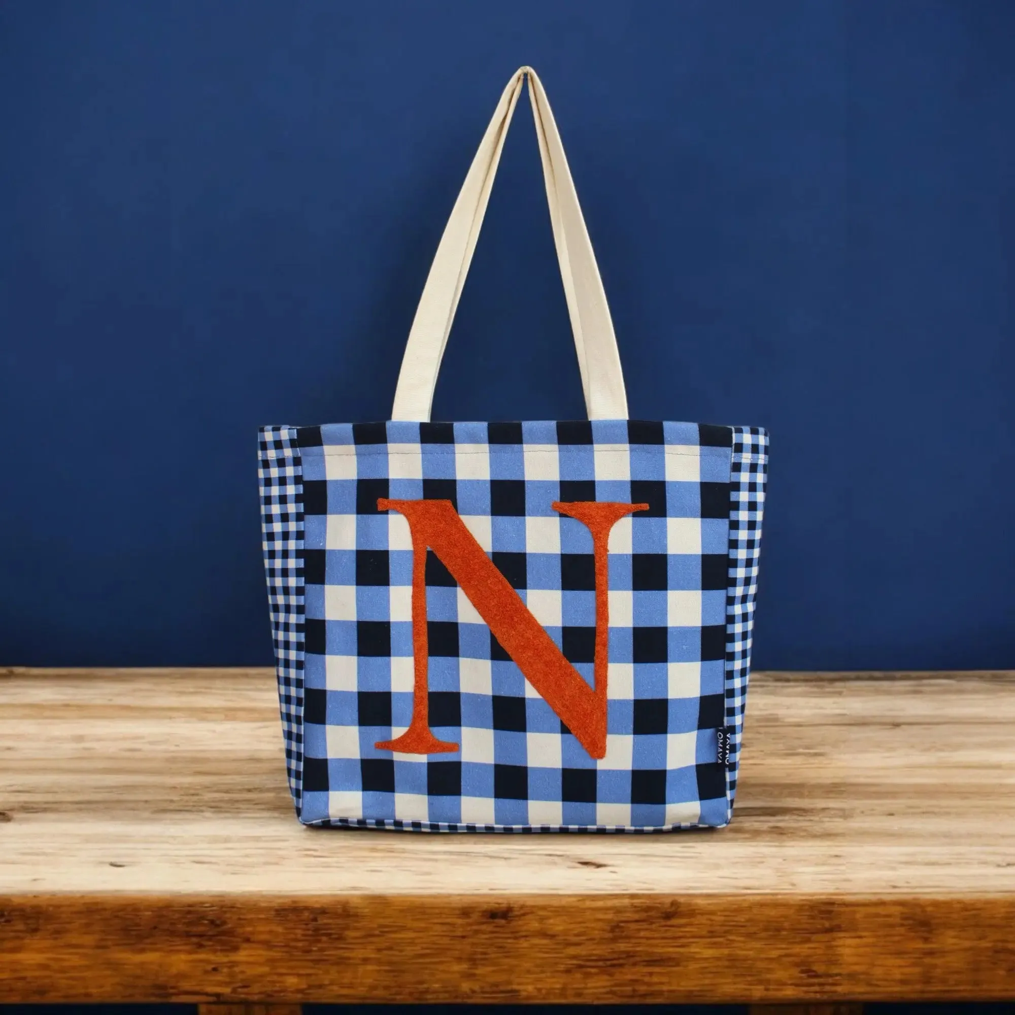 House of Omaya ( N )Alphabet Printed Customizable Embroidery Name Initial Canvas Tote bag 34x36 cm. Personalized tote bag Name Initial tote bag