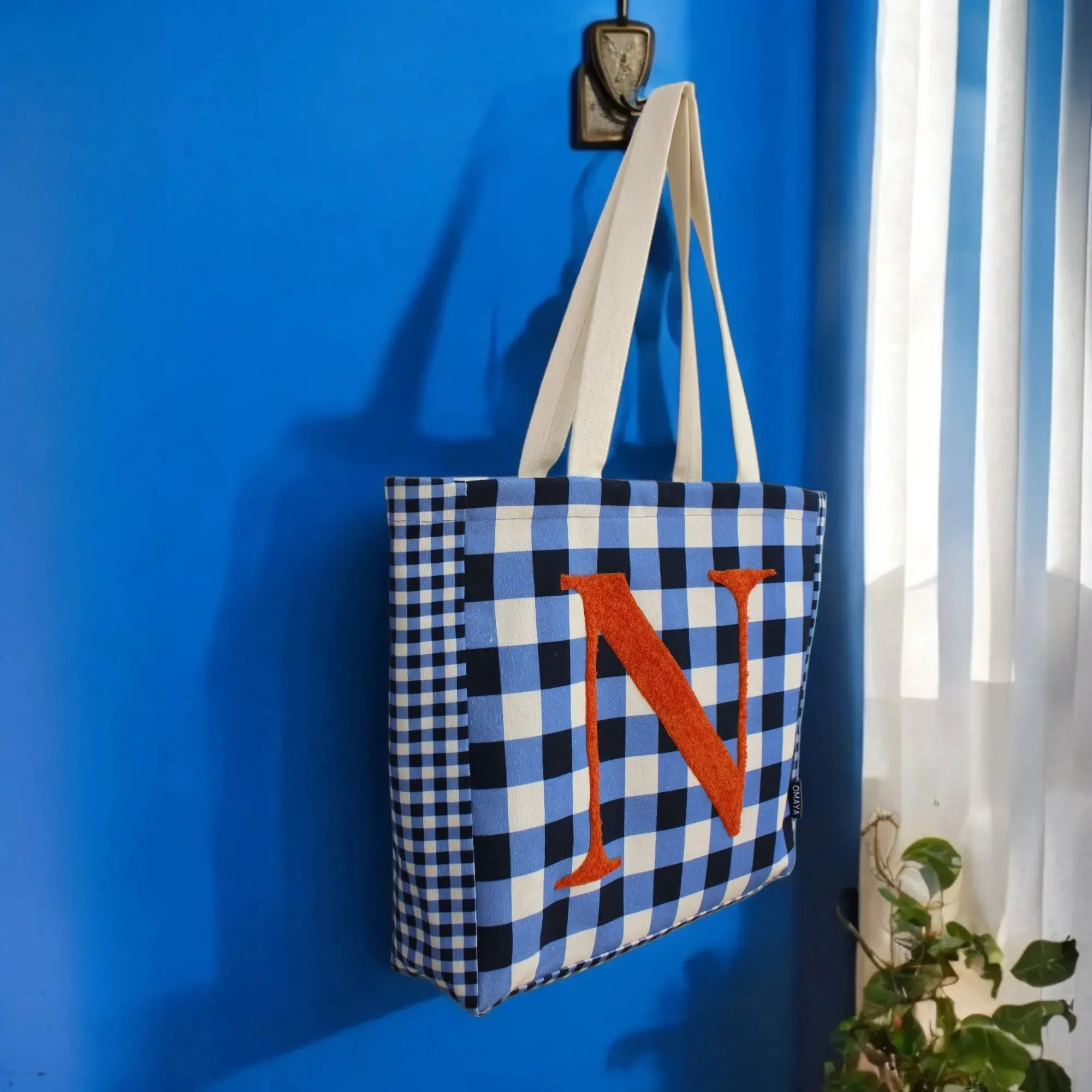 House of Omaya ( N )Alphabet Printed Customizable Embroidery Name Initial Canvas Tote bag 34x36 cm. Personalized tote bag Name Initial tote bag
