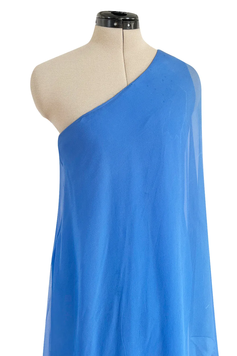 Incredible 1973 Halston One Shoulder Couture Brilliant Blue Silk Chiffon Dress