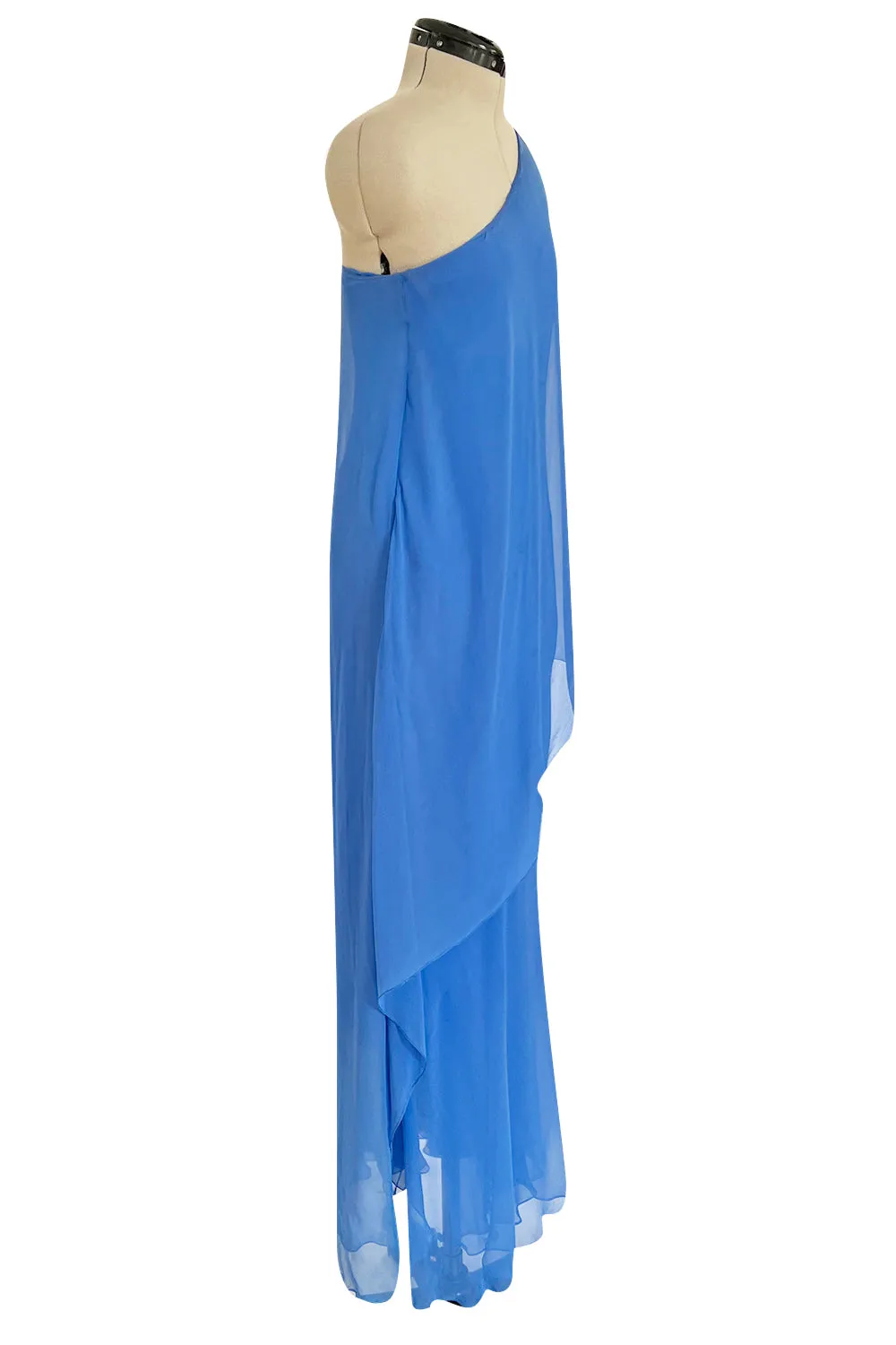 Incredible 1973 Halston One Shoulder Couture Brilliant Blue Silk Chiffon Dress