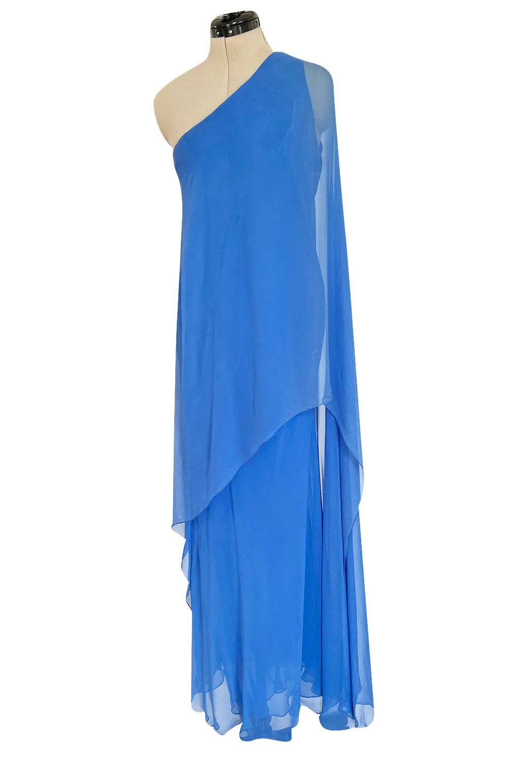 Incredible 1973 Halston One Shoulder Couture Brilliant Blue Silk Chiffon Dress