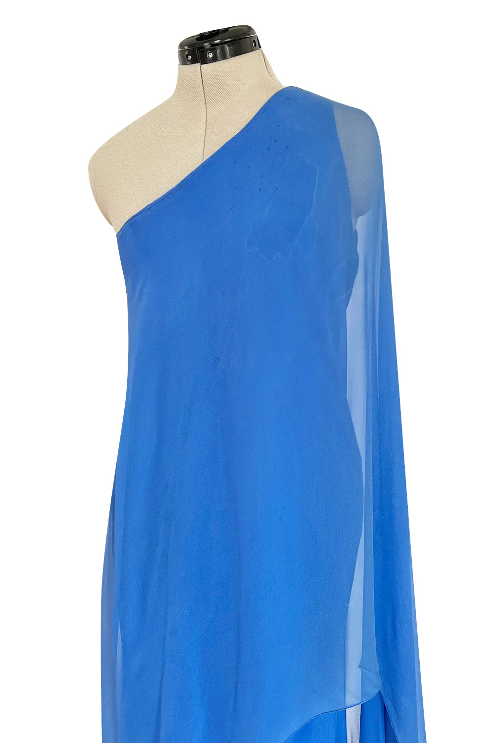 Incredible 1973 Halston One Shoulder Couture Brilliant Blue Silk Chiffon Dress