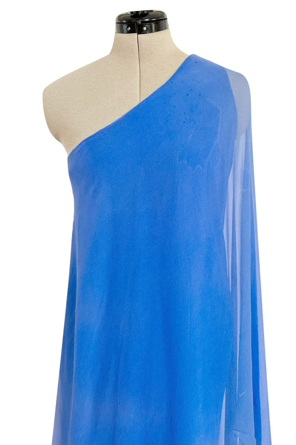 Incredible 1973 Halston One Shoulder Couture Brilliant Blue Silk Chiffon Dress