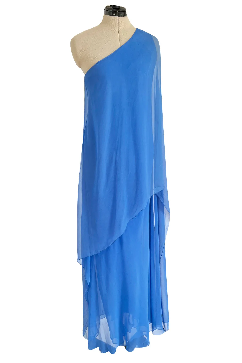 Incredible 1973 Halston One Shoulder Couture Brilliant Blue Silk Chiffon Dress