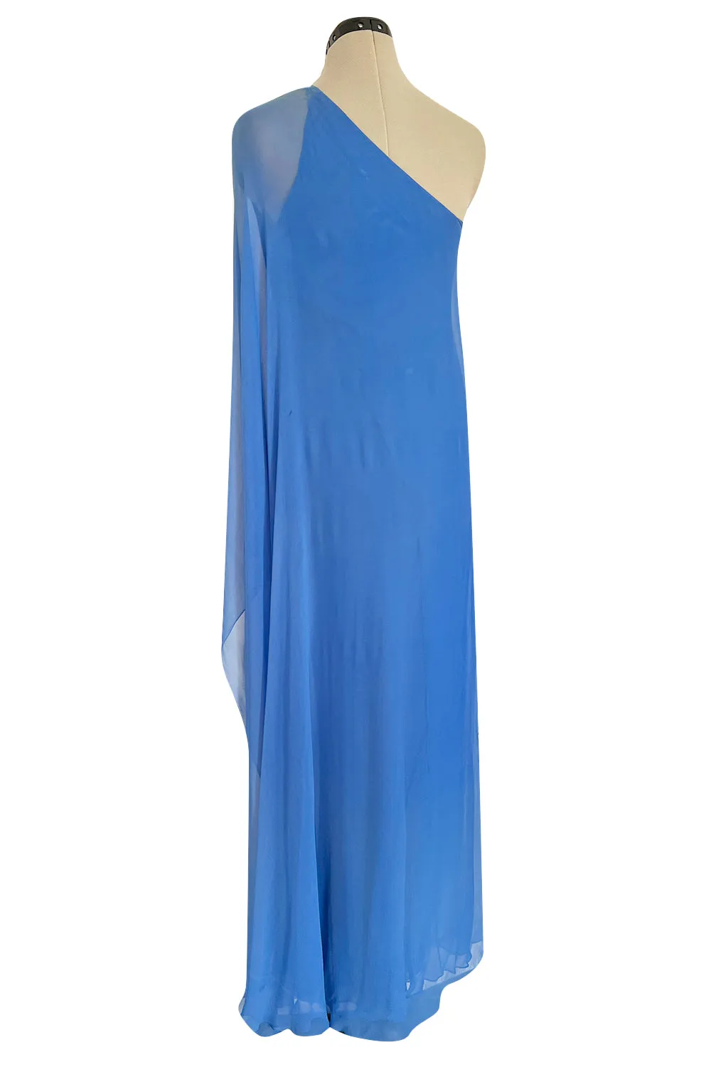 Incredible 1973 Halston One Shoulder Couture Brilliant Blue Silk Chiffon Dress