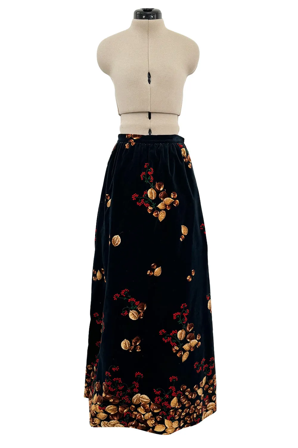 Incredible c. 1972 Original Valentino Three Piece Acorn Print Silk Top, Velvet Skirt & Jacket Set