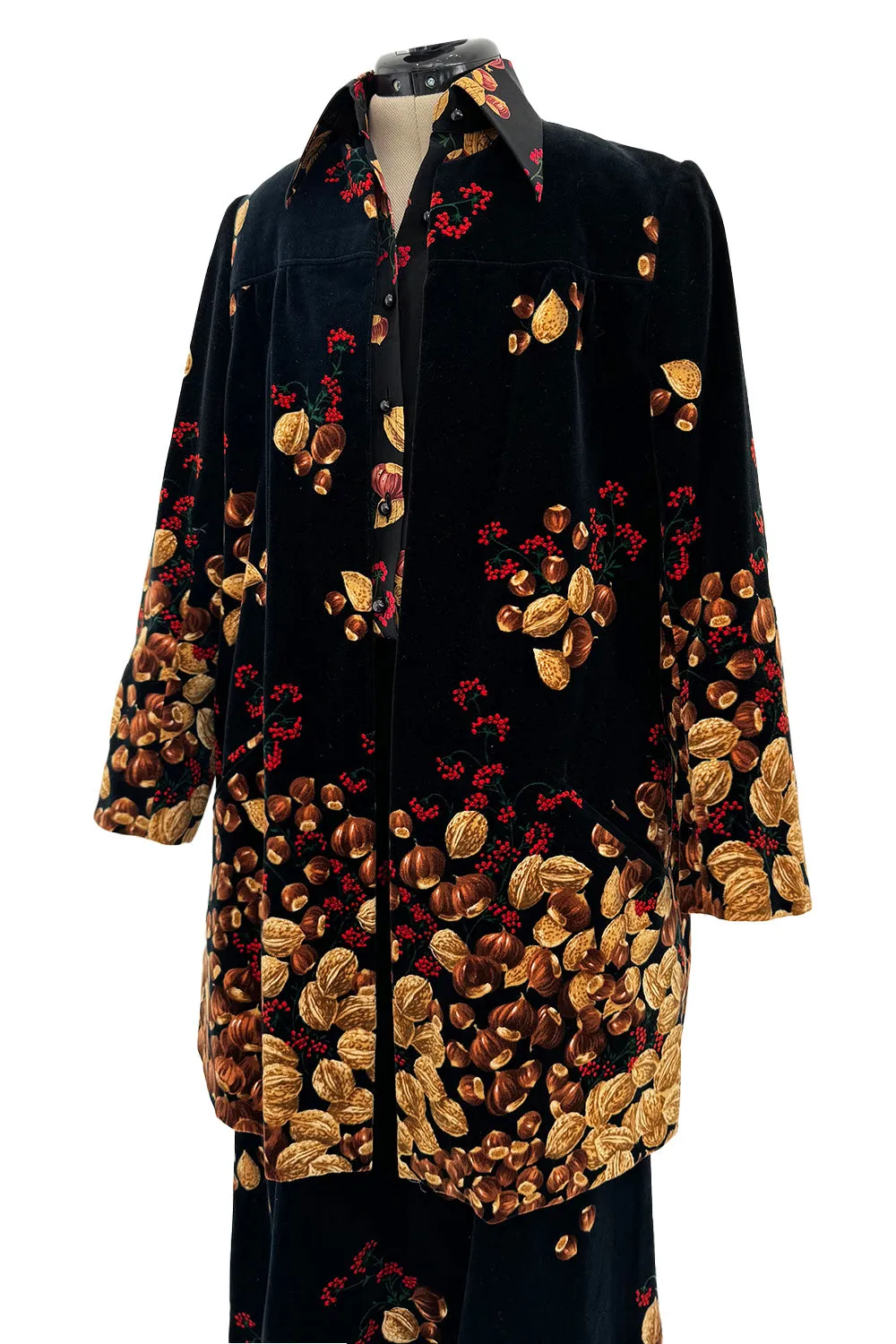 Incredible c. 1972 Original Valentino Three Piece Acorn Print Silk Top, Velvet Skirt & Jacket Set