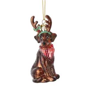 Kurt Adler Chocolate Labrador with Antlers Glass Ornament