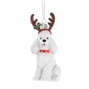 Kurt Adler White Poodle with Antlers Glass Ornament