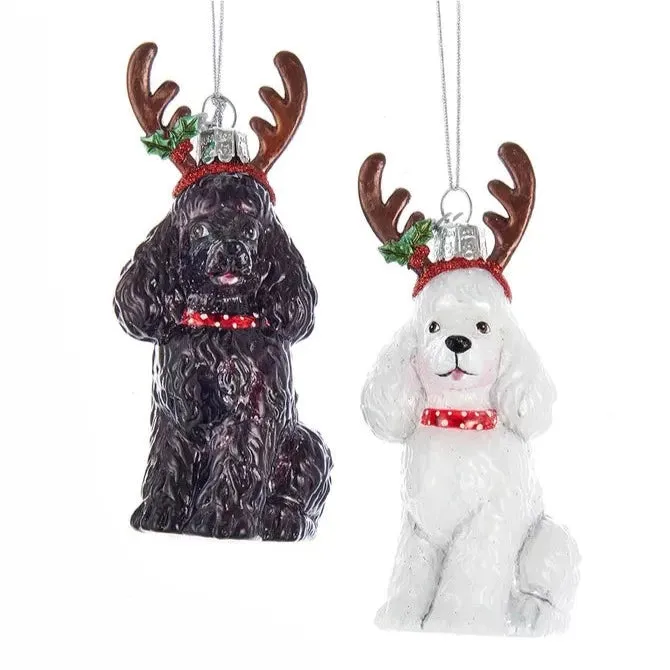 Kurt Adler White Poodle with Antlers Glass Ornament
