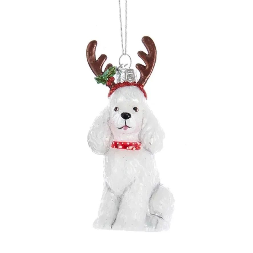 Kurt Adler White Poodle with Antlers Glass Ornament