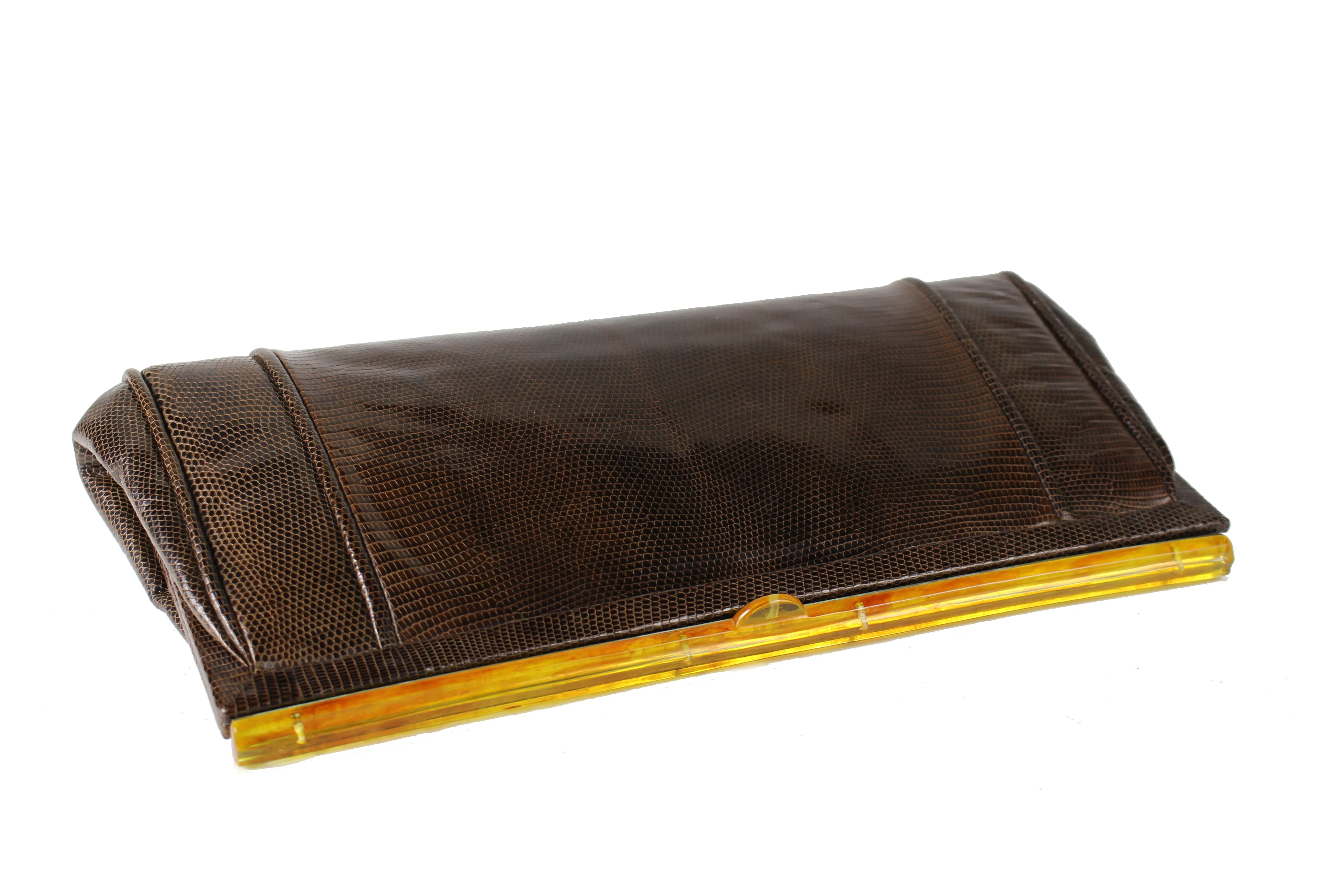 Lizard skin clutch handbag with lucite frame