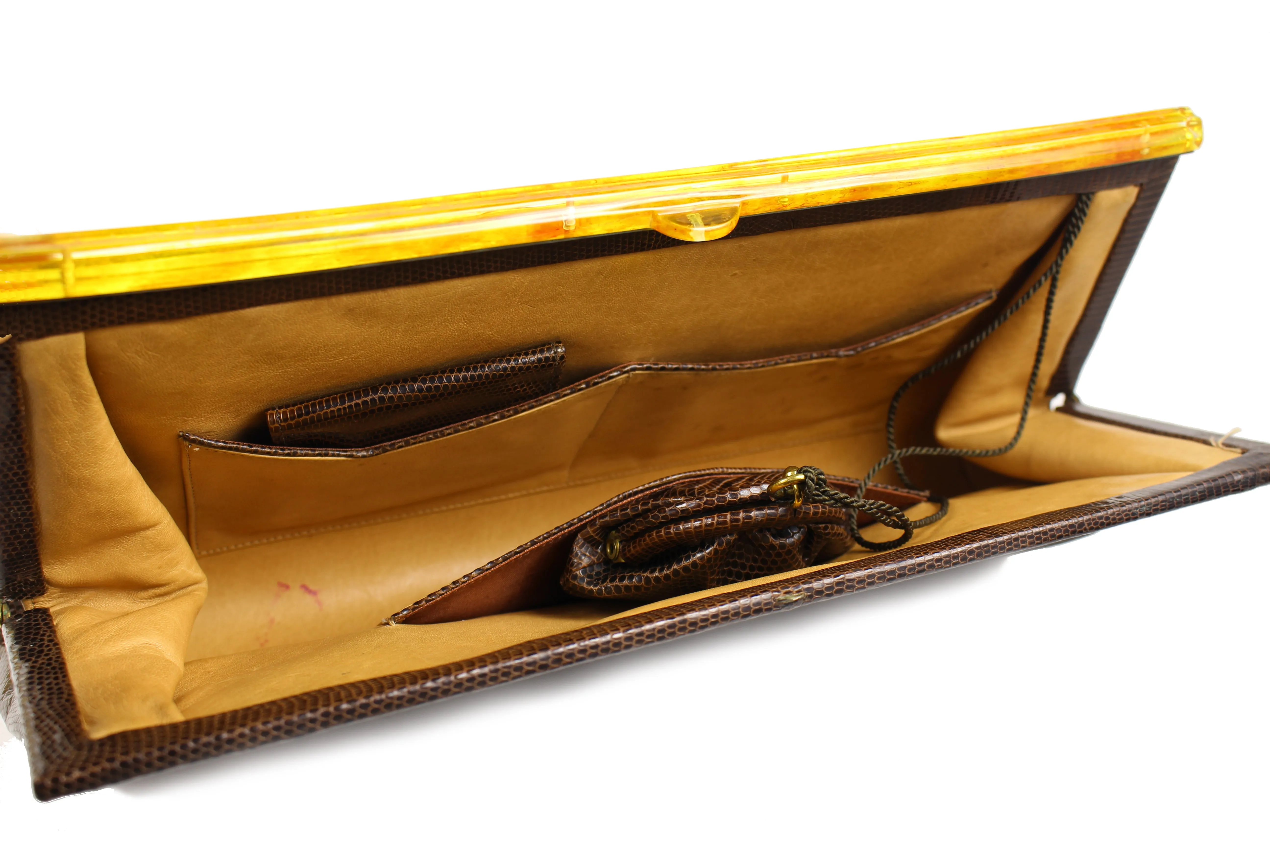 Lizard skin clutch handbag with lucite frame