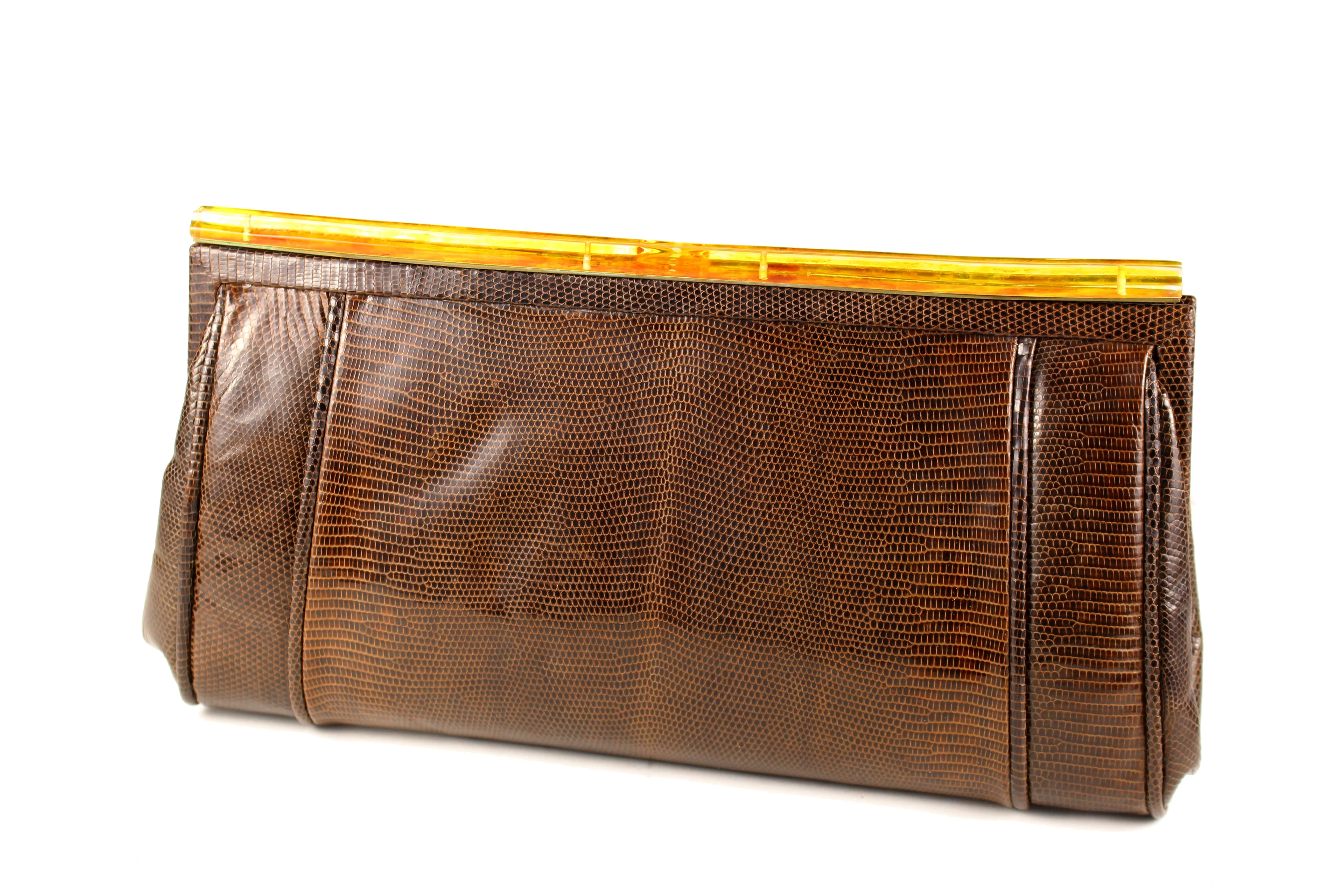 Lizard skin clutch handbag with lucite frame