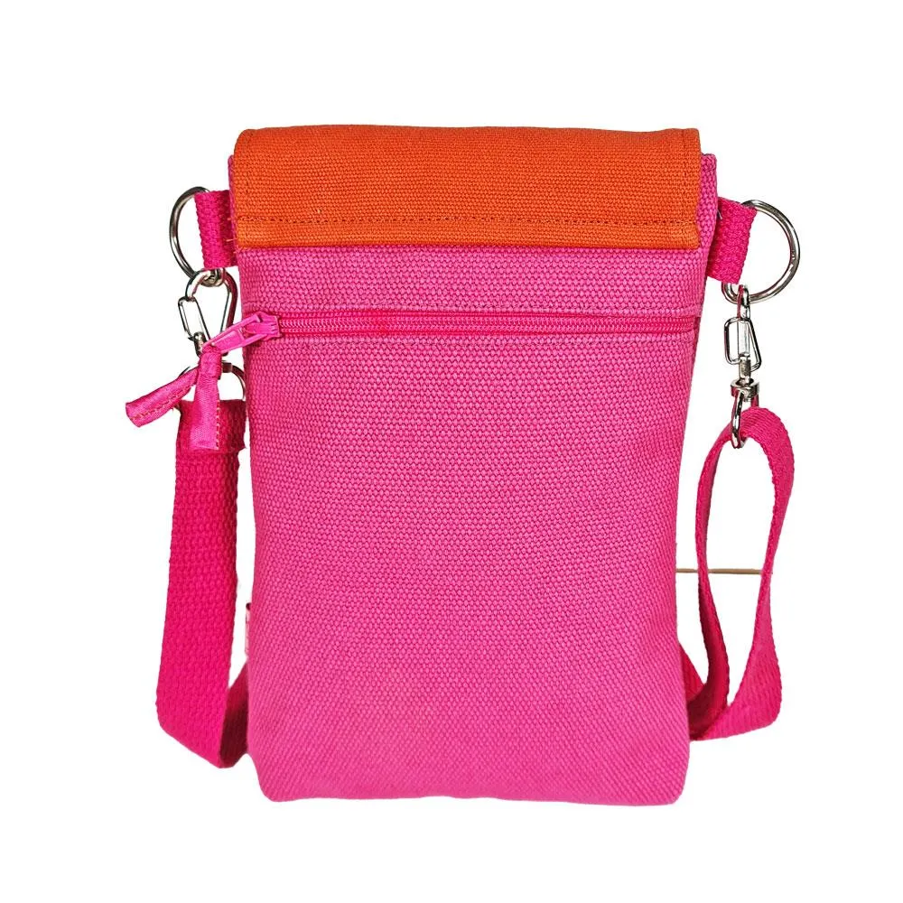 Lua - Thick Cotton Canvas Mobile Phone Pouch/Crossbody Bag - Hot Pink/Orange  - 13 x 19cms