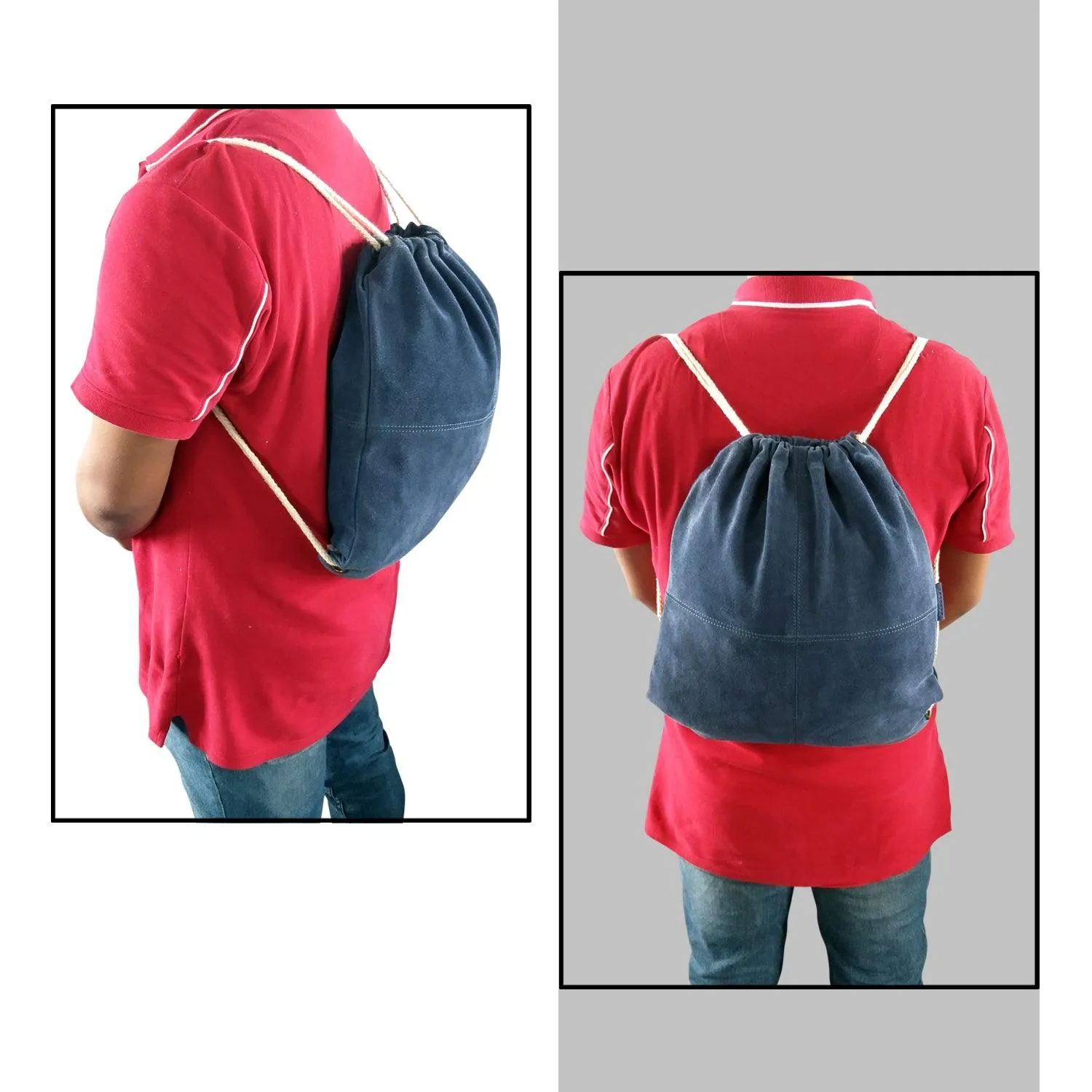 MANDAVA Suede Leather Drawstring Backpack Unisex Sack Cinch School/College/Gym Bag (Blue)