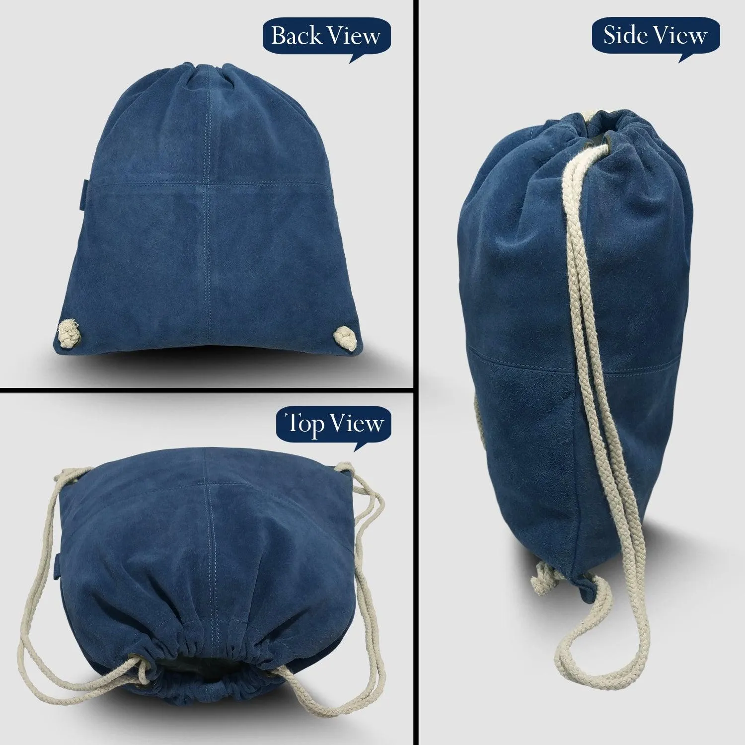 MANDAVA Suede Leather Drawstring Backpack Unisex Sack Cinch School/College/Gym Bag (Blue)