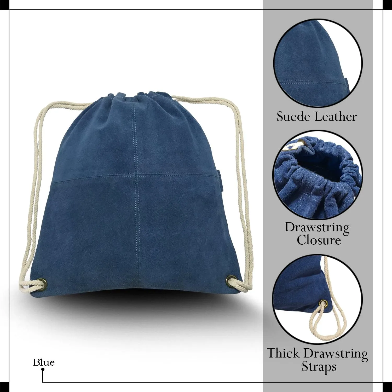 MANDAVA Suede Leather Drawstring Backpack Unisex Sack Cinch School/College/Gym Bag (Blue)