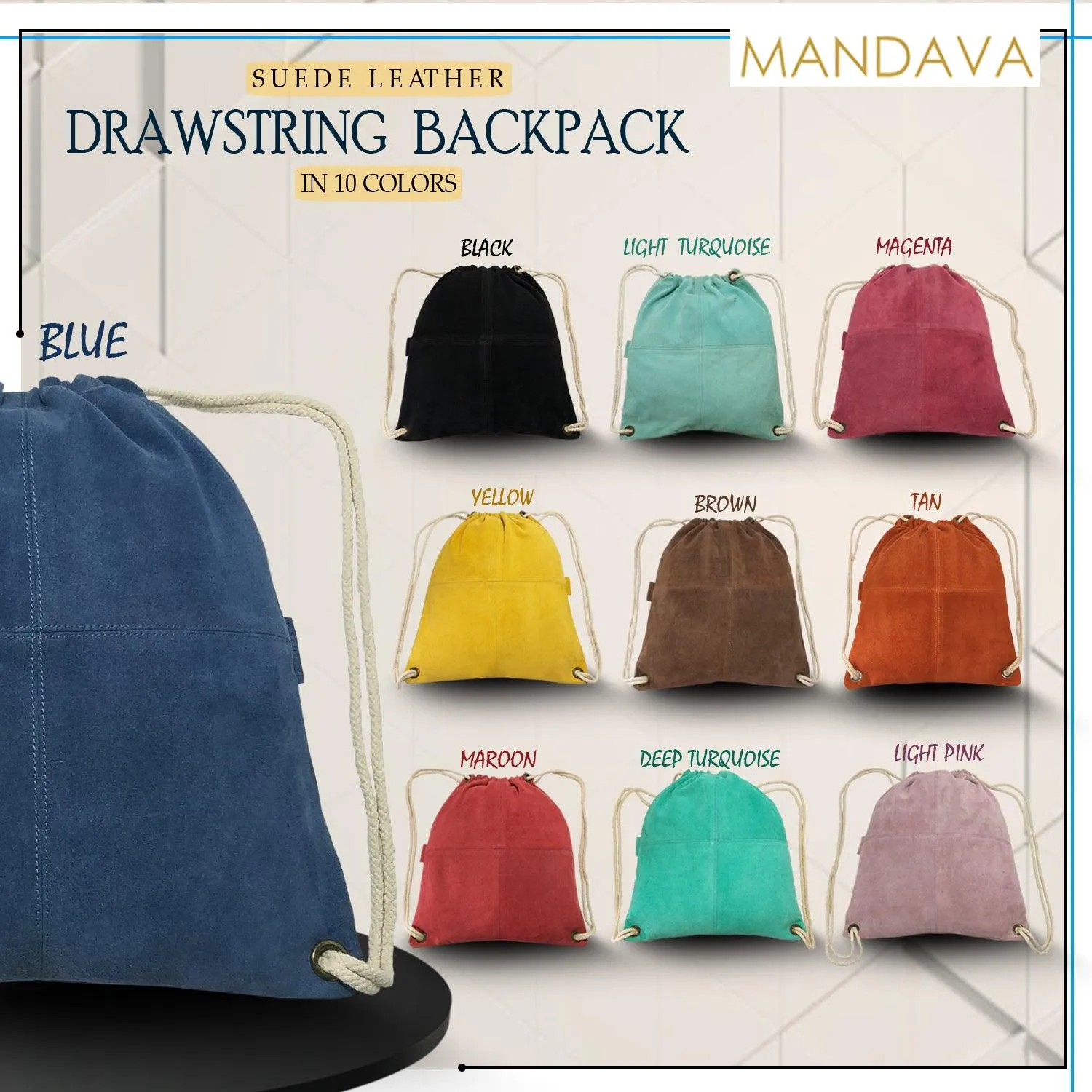 MANDAVA Suede Leather Drawstring Backpack Unisex Sack Cinch School/College/Gym Bag (Blue)
