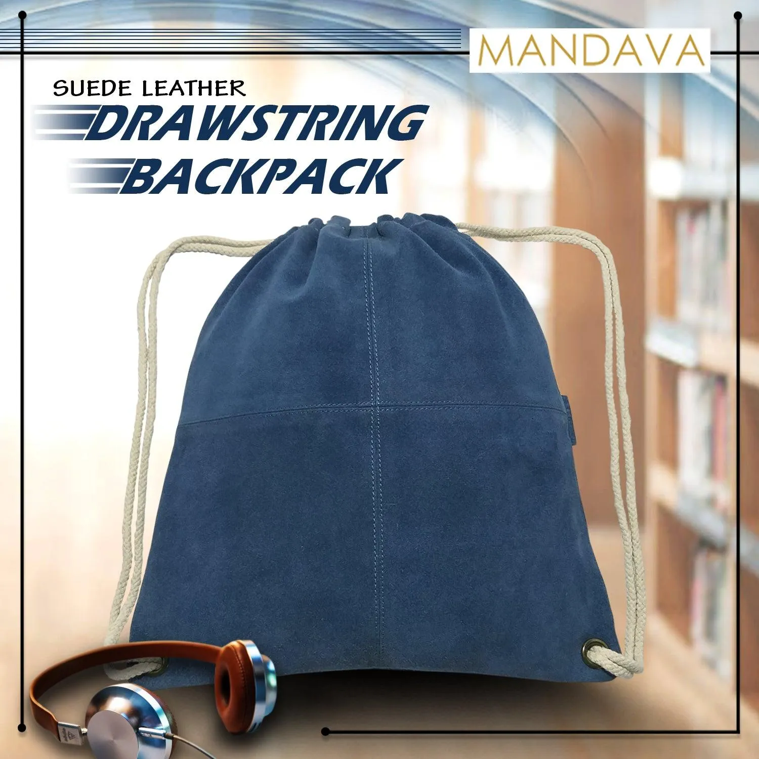 MANDAVA Suede Leather Drawstring Backpack Unisex Sack Cinch School/College/Gym Bag (Blue)