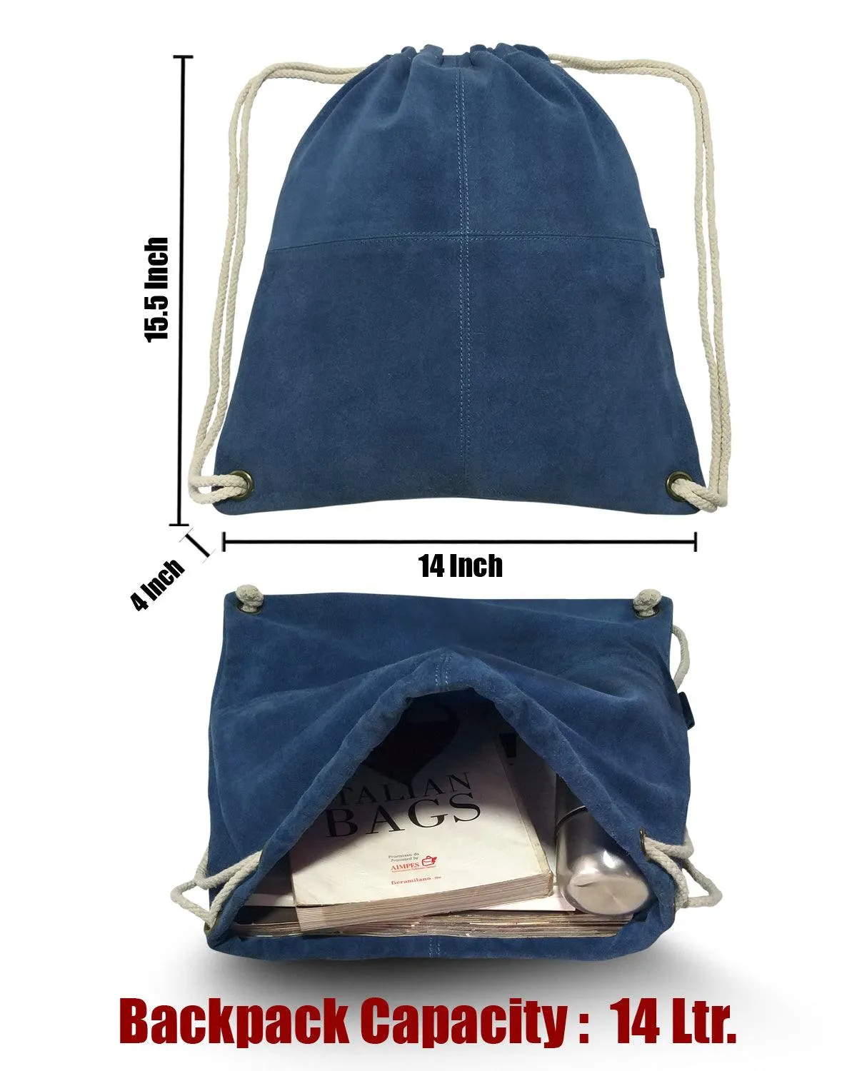 MANDAVA Suede Leather Drawstring Backpack Unisex Sack Cinch School/College/Gym Bag (Blue)
