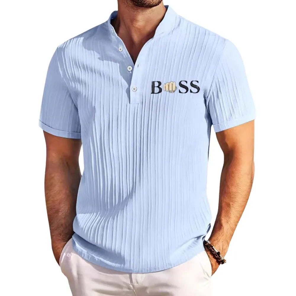 MEN'S  BOSS COTTON  LINEN STRIPED HENRY SHIRT