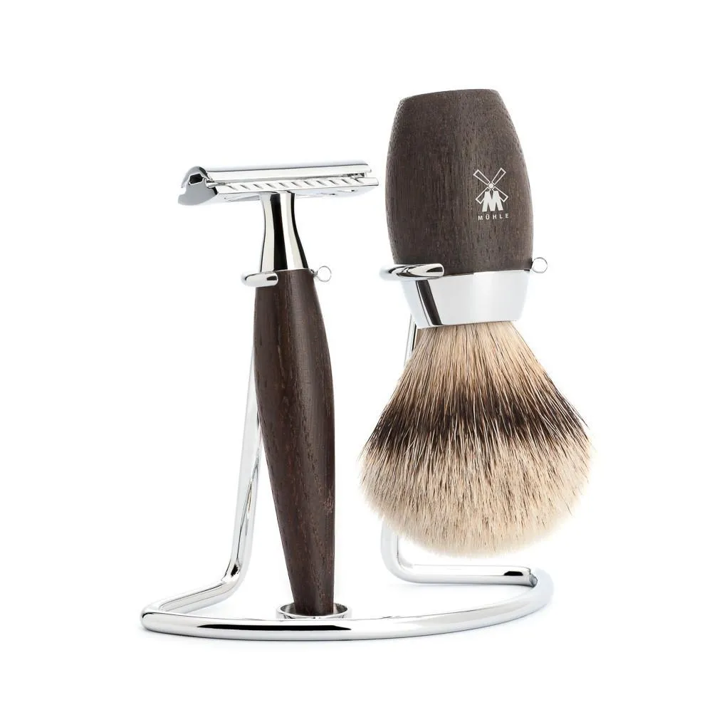 Muhle Kosmo 3-Piece Shaving Set with Safety Razor and Silvertip Badger brush, Bog Oak