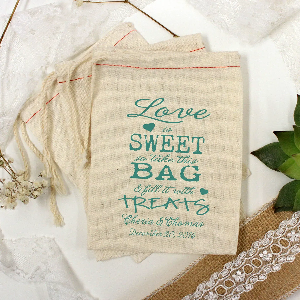 Muslin Bag Love is Sweet "Cheria & Thomas" - Set of 25