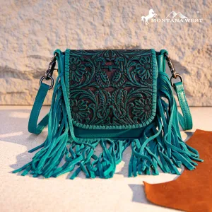 MW Genuine Leather Tooled Fringe Crossbody ~ Turquoise